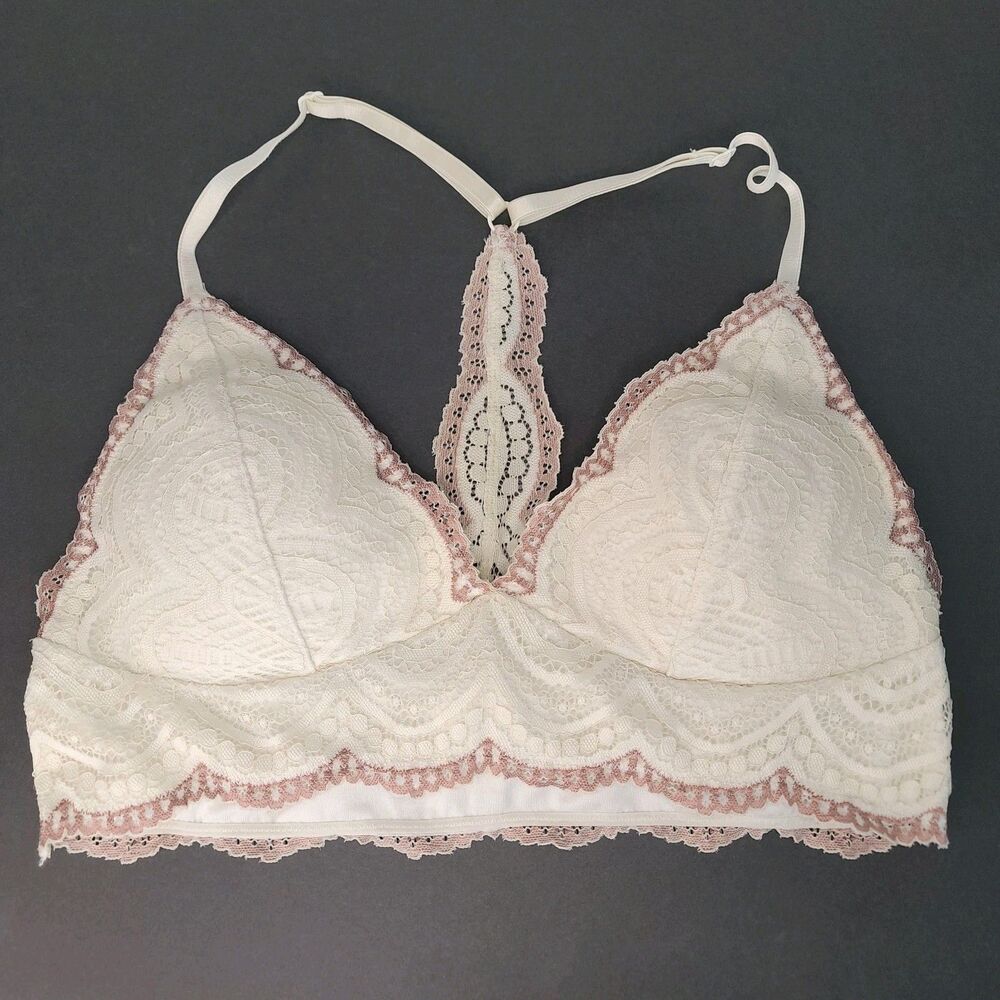 By Together Lace Racerback Bralette Large Cream Mauve Pink Brown Trim Boho